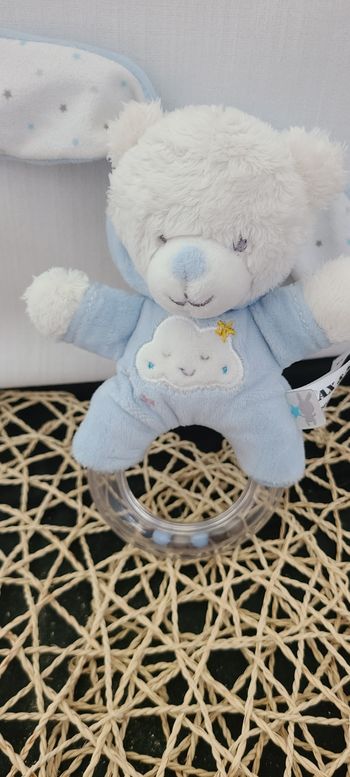 Doudou hochet ours lapin bleu blanc nuage MAX & SAX