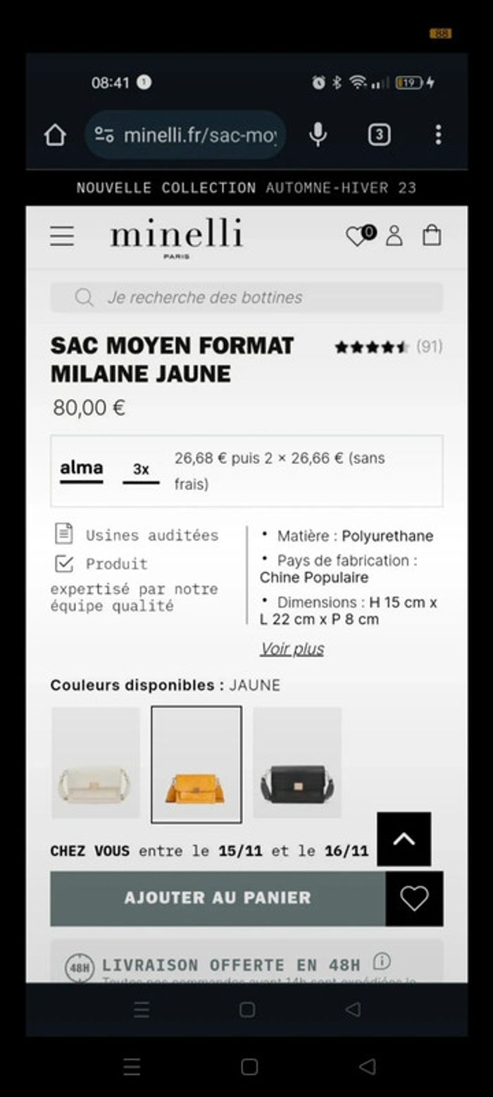 Sac à main Minelli jaune moutarde modèle milaine format moyen avec anse en tissu - photo numéro 13