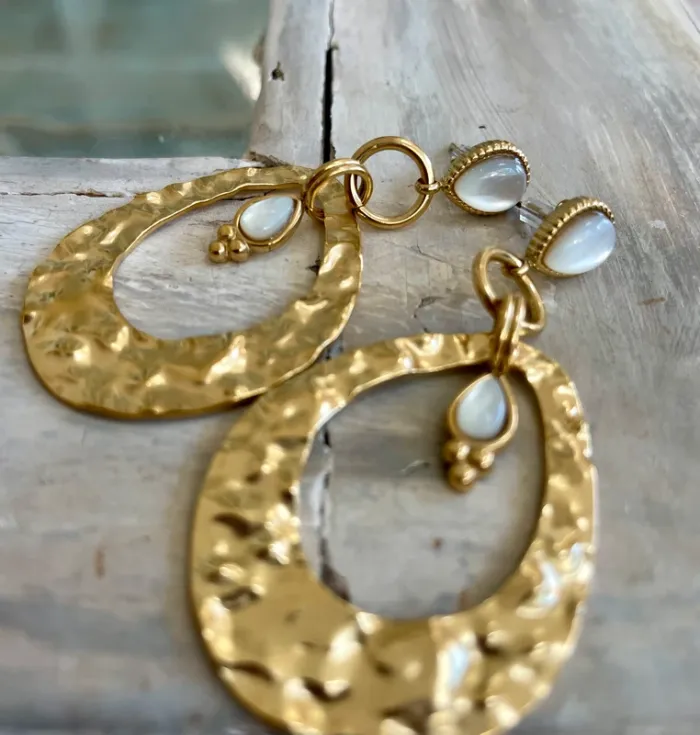 Boucles d'oreilles gouttes acier doré et pierres blanches nacrées .Taille unique - photo numéro 8