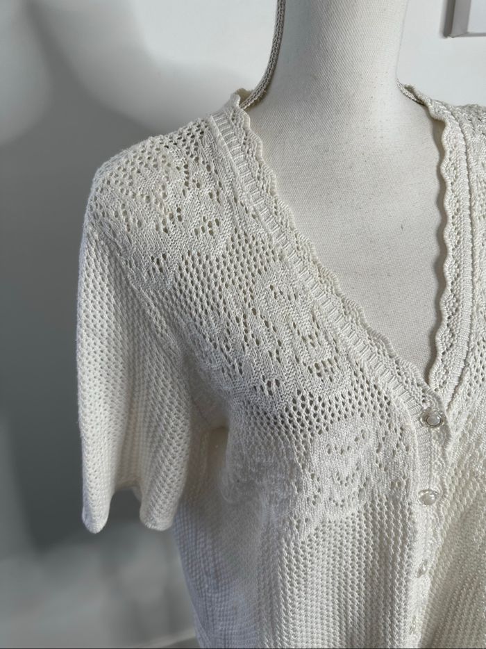 Cardigan en crochet tricot blanc crème Vintage T46 3XL - photo numéro 2