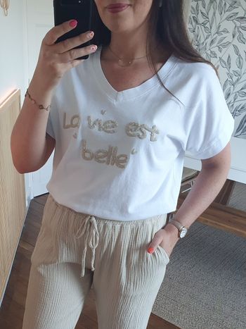 T-shirt La vie est belle blanc/beige Taille unique