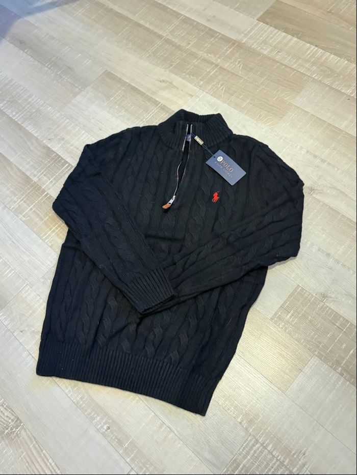 Pull torsadé Polo Ralph Lauren en laine half zip demi zip 1/4 zip noire neuf taille M