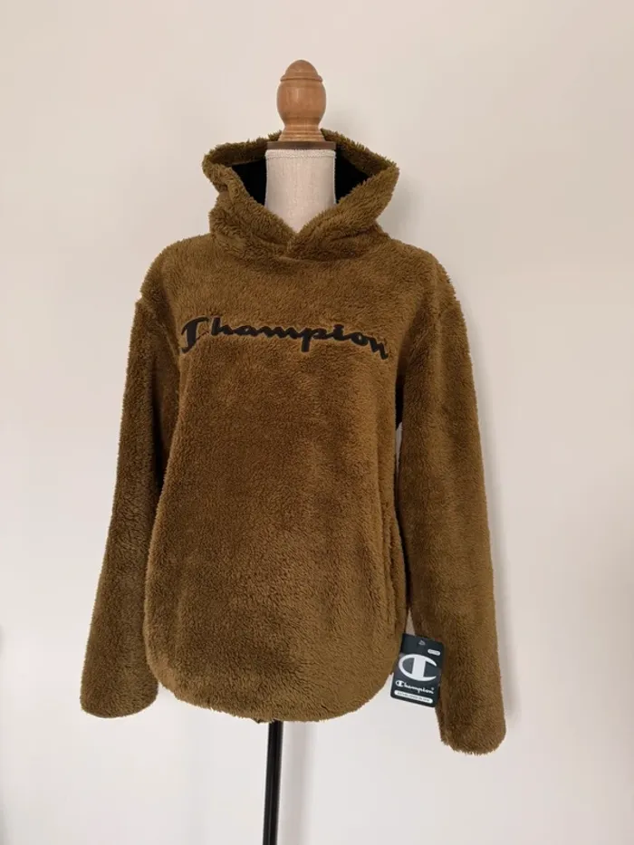 Sweatshirt capuche polaire teddy vert kaki poches neuf M pull sweat coton felpa suéter vest - photo numéro 3