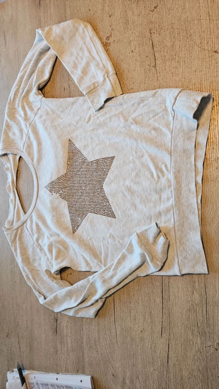 Pull léger gris très clair à manches longues, avec étoile en sequins, Only, M, nickel - photo numéro 3