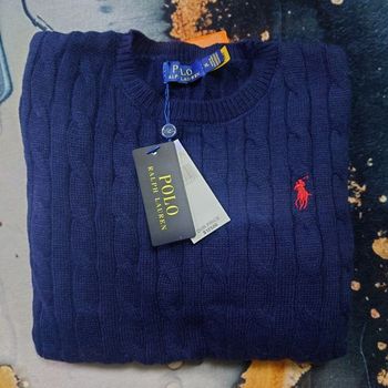 Pull torsadé col rond Polo Ralph Lauren bleu logo brodé rouge taille XL