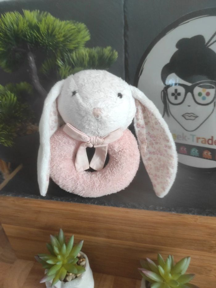 Doudou Hochet Lapin Blanc Rose Fleurs Vintage Noeud #geektradedoudou - photo numéro 2