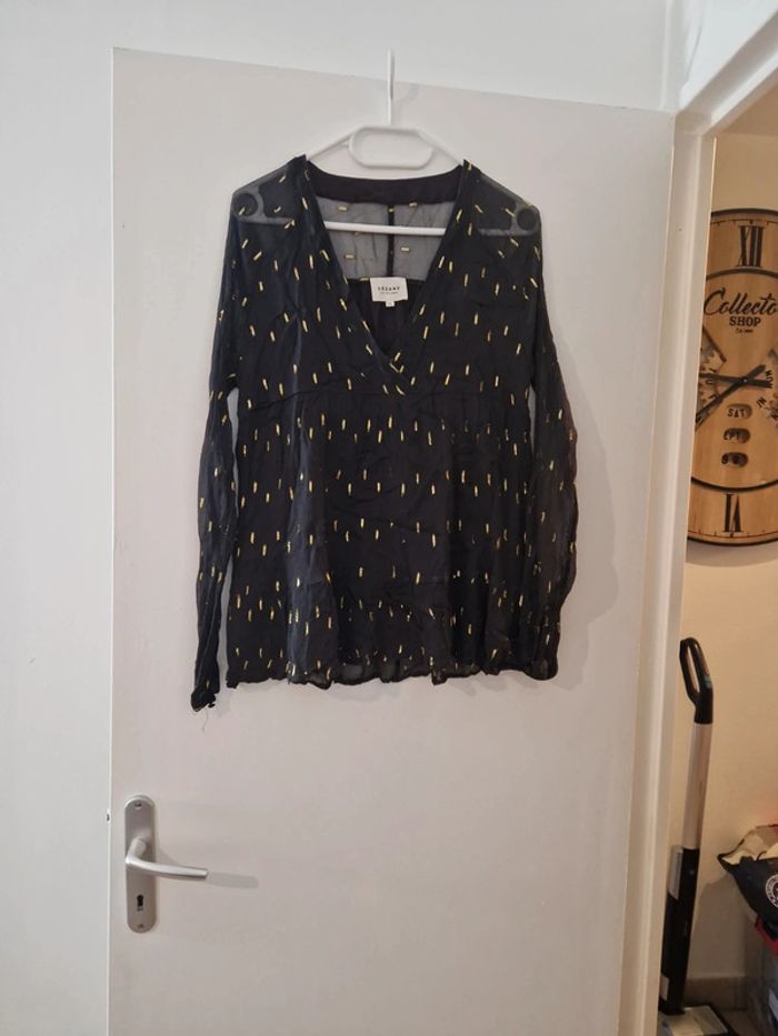 Chemisier femme noir doré manche transparente TBE taille 34 Sézane