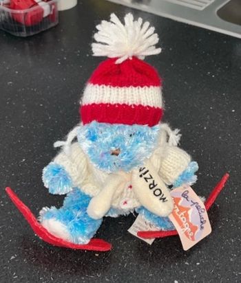 Doudou ours assis Morzine la peluche montagne, carte Vallorie oursons ski