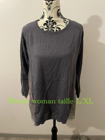 Pull long gris à manches longues dos dentelle doublure rose beauty woman taille L / XL
