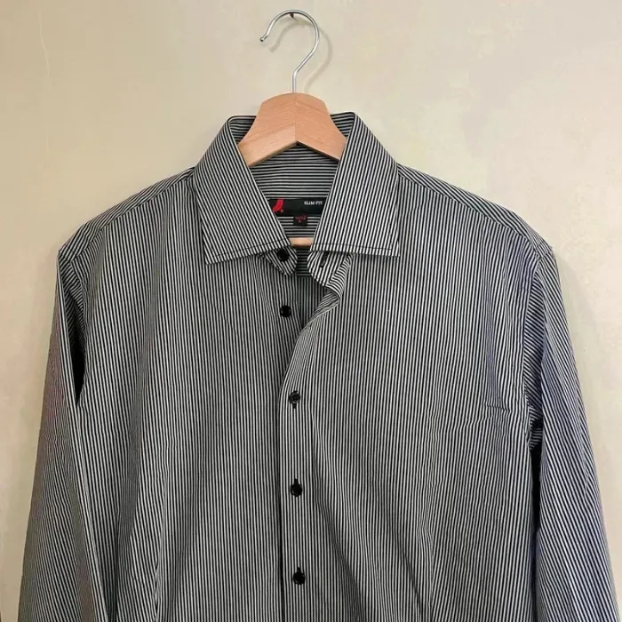 Chemise homme L rayée noire et blanche coupe slim fit, manches longues col classique V031 - photo numéro 2