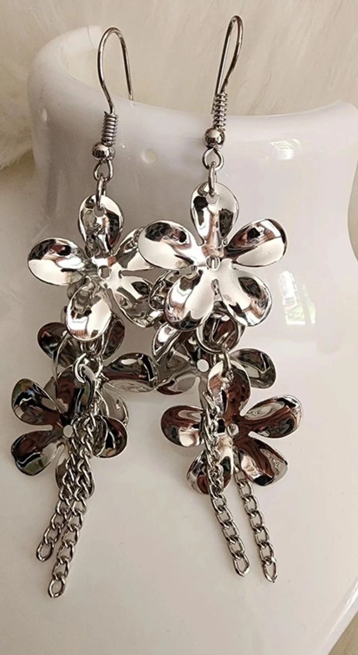 💎Boucles d’oreilles Argenté Pendantes Fleuri 💎