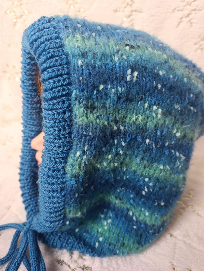 Cagoule femme hood Balaclava bleu pétrole uni et chiné neuf fait main - photo numéro 3