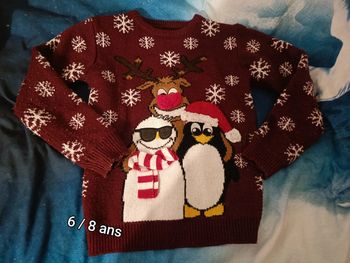 Pull Noël 6/8 ans bonhomme de neige renne pingouin