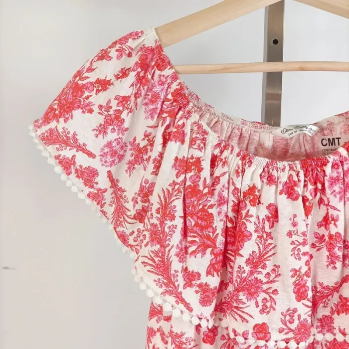 Blouse épaules dénudées motif floral rouge blanc rose Miss Selfridge, taille 38 Neuve A518 - photo numéro 8