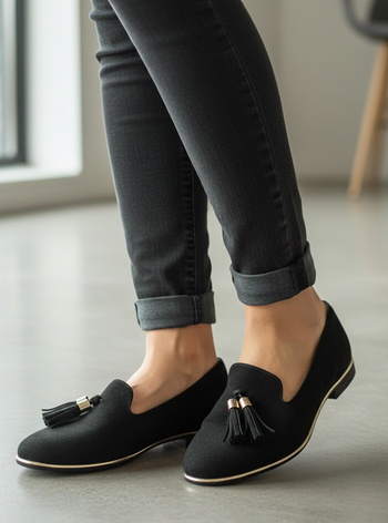 Mocassins Noirs Élégants à Pompon & Détail Doré
