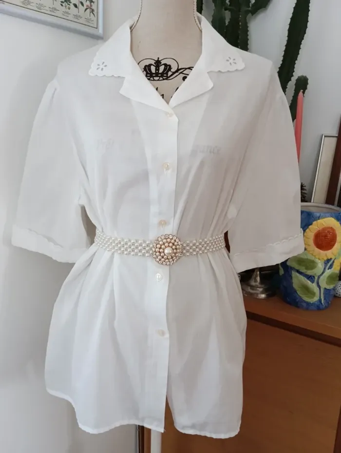Chemise vintage  blanche, manches courtes - photo numéro 2