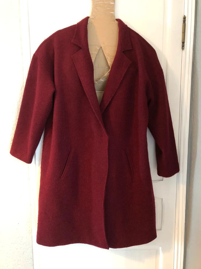AN68- Manteau long bordeaux laine/polyester T 48 porté 7-8 fois