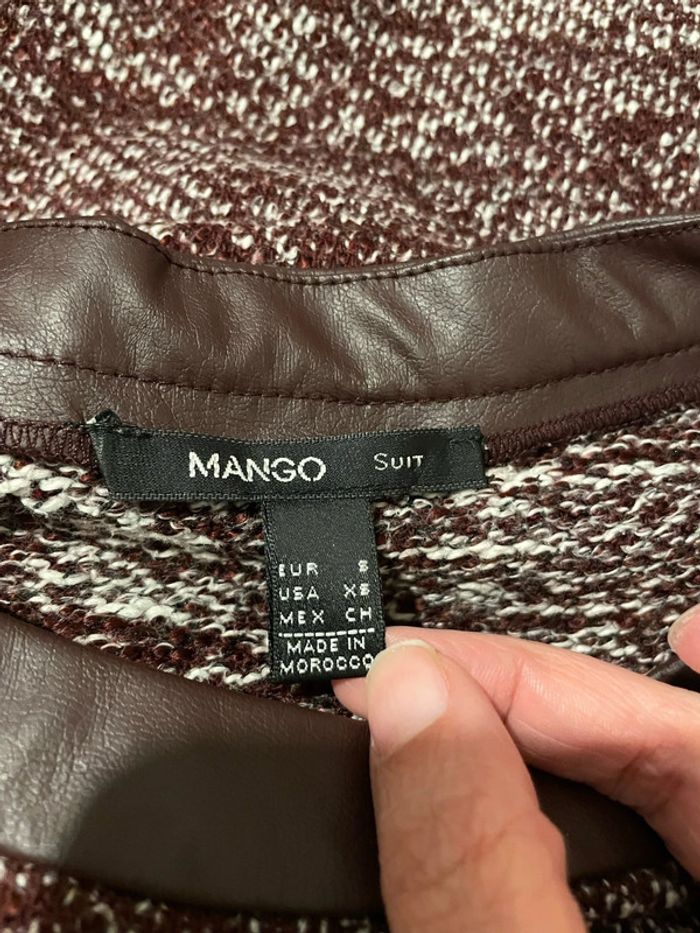 Pull à manches longues bordeaux chiné blanc col et côté en similicuir mango taille S - photo numéro 6
