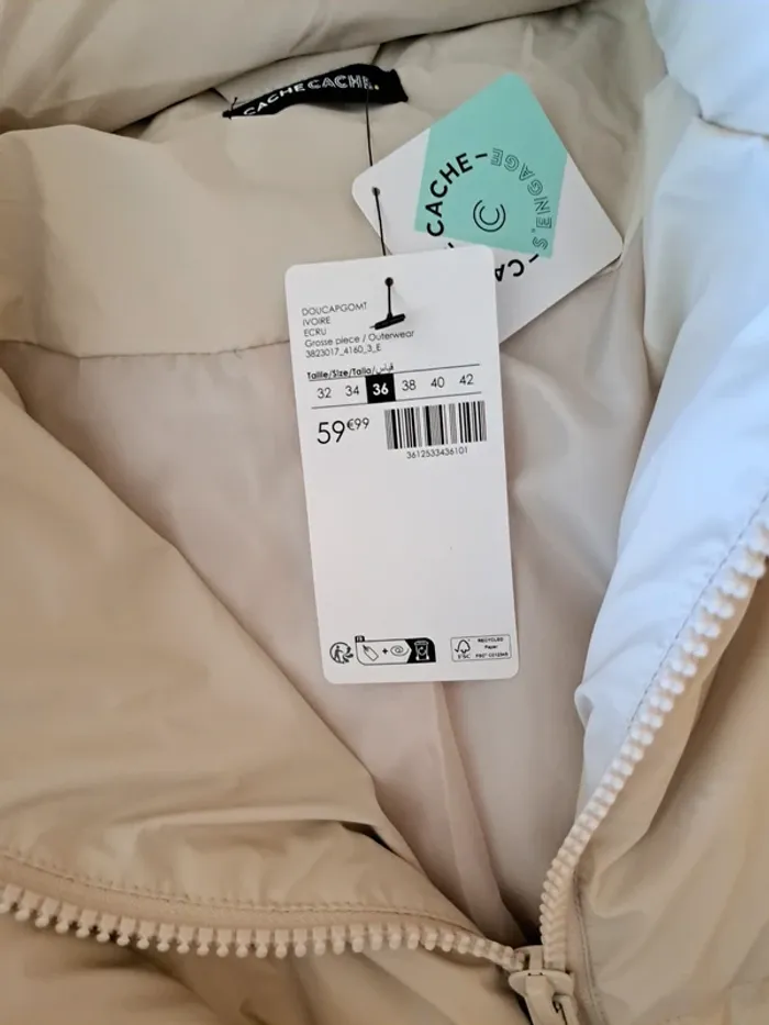 Manteau femme blanc neuf étiquette – taille 36 avec capuche - photo numéro 2