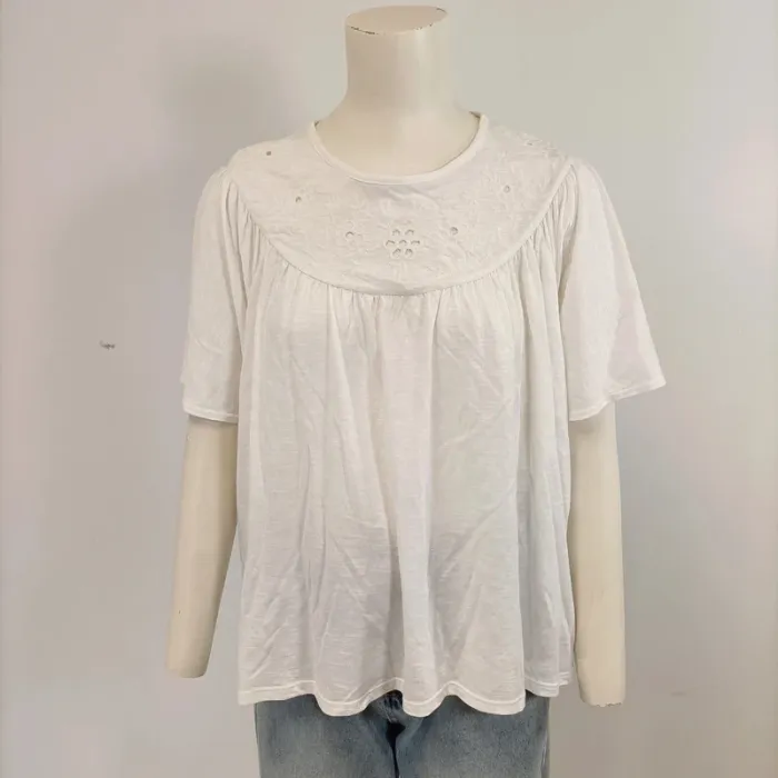 Tshirt blanc coton Neuf - T40 - été printemps basic broderie anglaise au col, manche courte froncés
