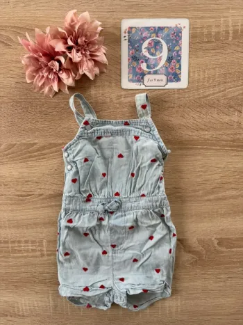 Combinaison en jean avec cœurs Mes petits cailloux 9 mois TBE