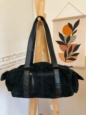 Sac vintage en cuir et croûte de cuir noir très bon état [ref 2506SBl 112]