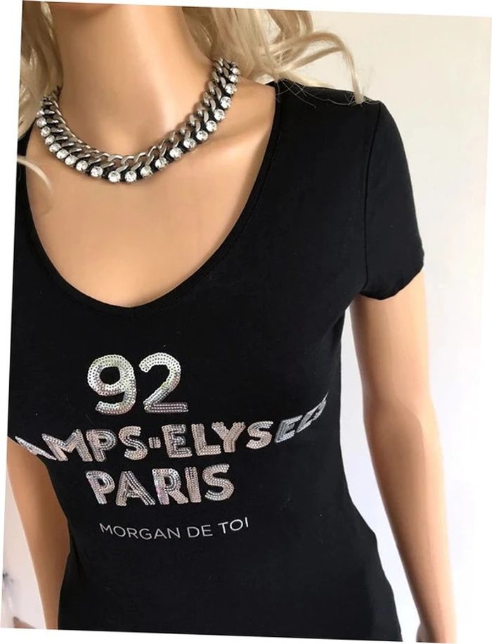 Teeshirt noir neuf avec sequins argentés Morgan taille XS - photo numéro 6