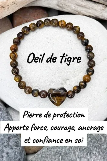 Bracelet Œil de Tigre naturel – Perles 6 mm & cœur sculpté + sa fleur de vie