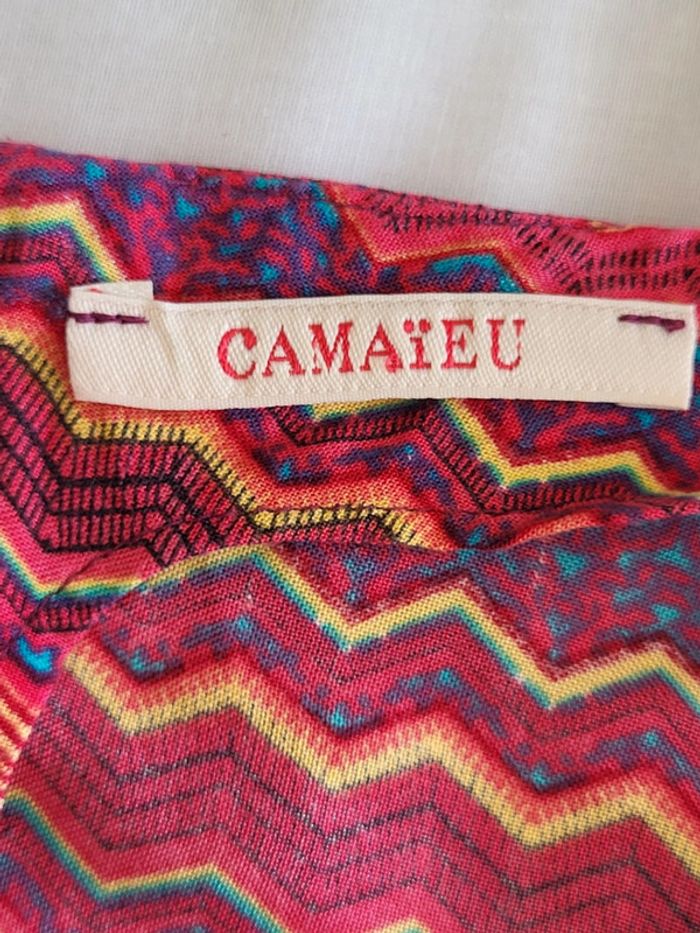 Blouse manches courtes à motifs rose corail bleu turquoise Camaïeu Taille 36 - photo numéro 7