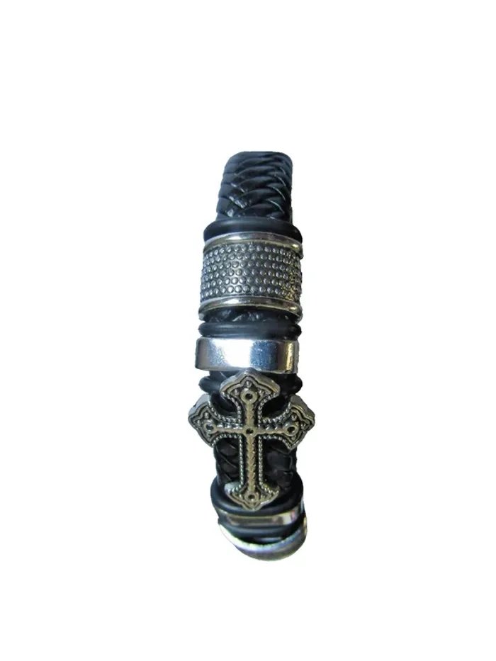 Bracelet homme en cuir tressé + fermeture charms et croix en acier inoxydable longueur 21 cms - photo numéro 4