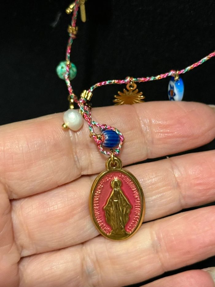Collier sautoir habaha Paris cordon tressé pampilles perles cœur médaille vierge - photo numéro 6