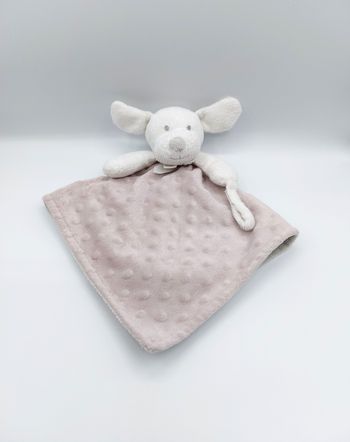 Doudou plat chien blanc beige taupe KING BEAR étiquette bleue attache tétine