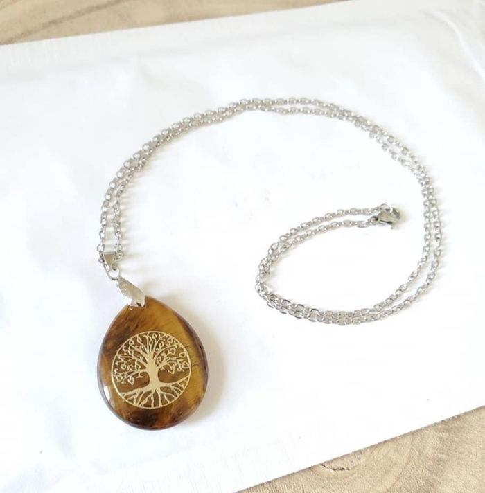 Collier pendentif pierre Œil de tigre et chaîne acier - photo numéro 3