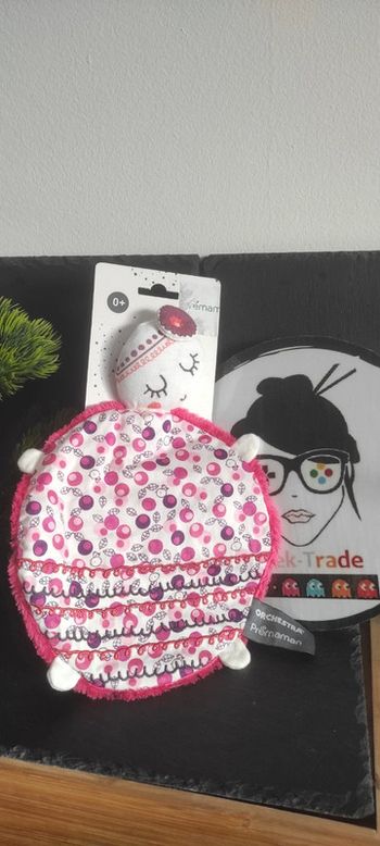 Doudou Orchestra Premaman Tortue Rose Plat Rond Blanc Oiseaux Bruissant Fleur