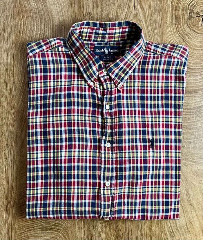 Chemise à manches courtes bleue, rouge, jaune à carreaux Ralph Lauren pour homme en taille XL