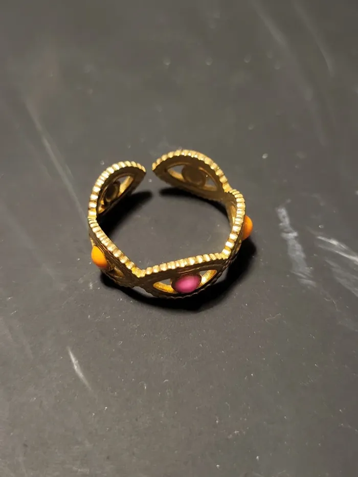 Bague ajustable acier inoxydable ovale et point rose et orange - photo numéro 2