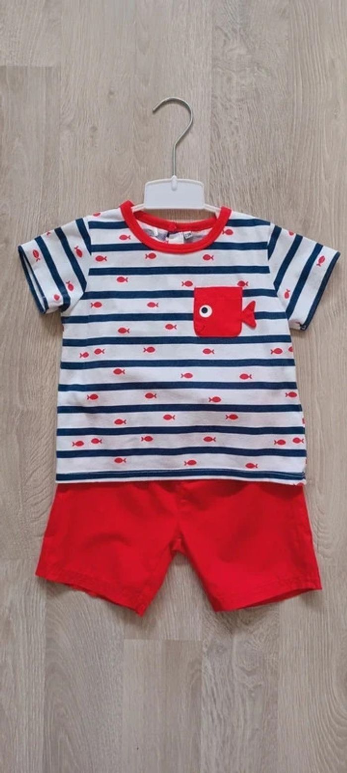 Ensemble bébé garçon rouge, bleu et blanc, motif poisson, taille 23 mois, en bon état. - photo numéro 2