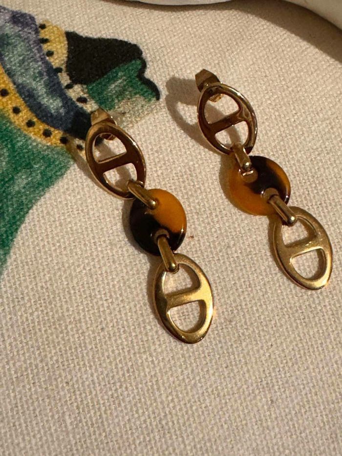 Boucle d’oreilles maillons farandole acier inoxydable or et résine léopard neuve - photo numéro 2