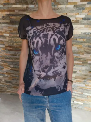 Blouse sans manches motif félin yeux bleus Pimkie S