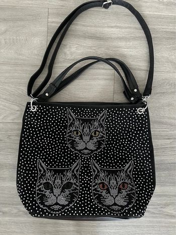 Grand sac à main noir strass argentés chat kitsch