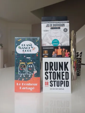 Lot 3 jeux d'ambiance neufs (scellés) Blanc Manger Coco/ Drunk stoned/ Jeu de discussion 16/18 ans+