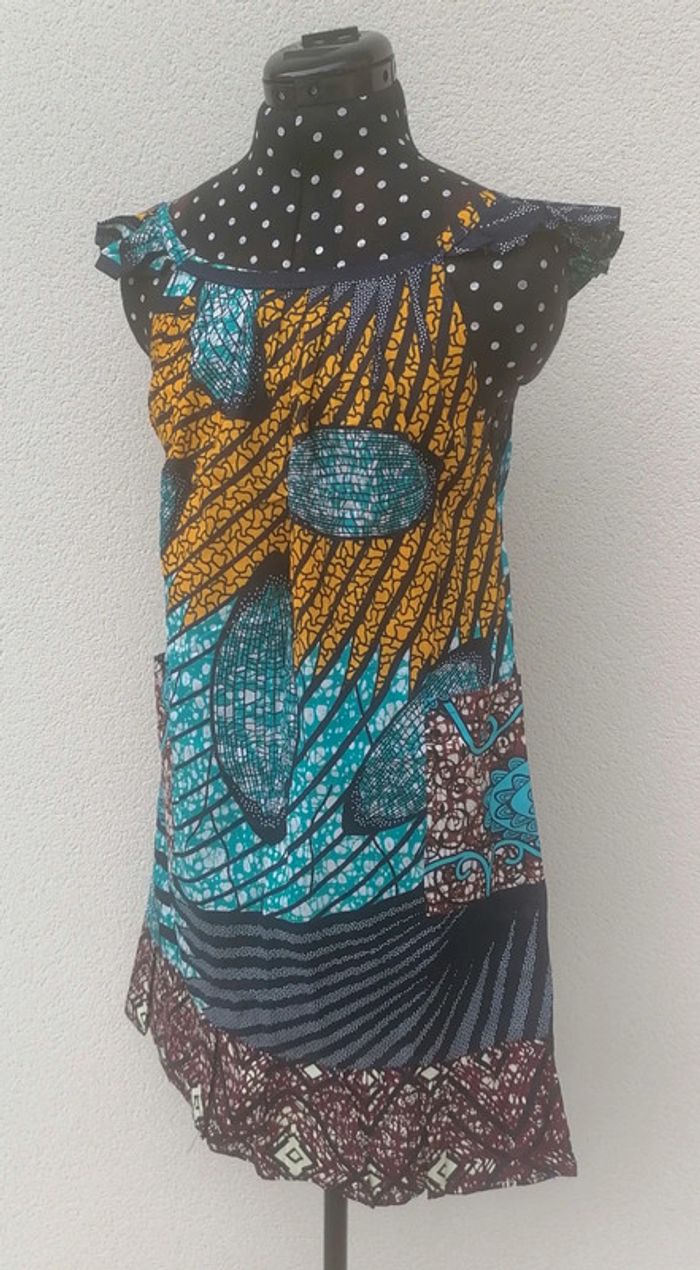 Robe wax fait main jaune bleu bordeaux Taille M/L - photo numéro 7
