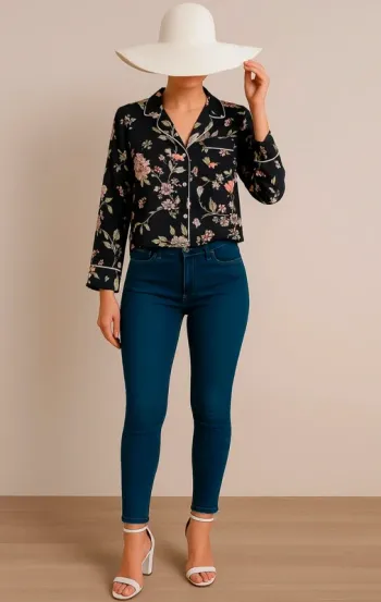 Chemisier noir femme imprimé fleurs du Japon