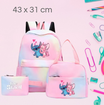 🌸 Ensemble scolaire Sac à Dos, Lunchbox et Trousse Stitch & Angel rose pastel