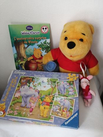 winnie l'ourson livre, puzzle et peluche