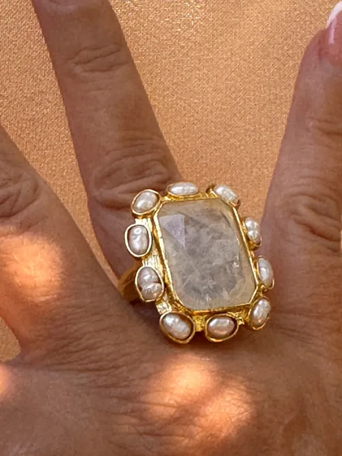Grosse bague habaha Paris cristal de roche pierres eaux douces  acier inoxydable or réglable - photo numéro 4