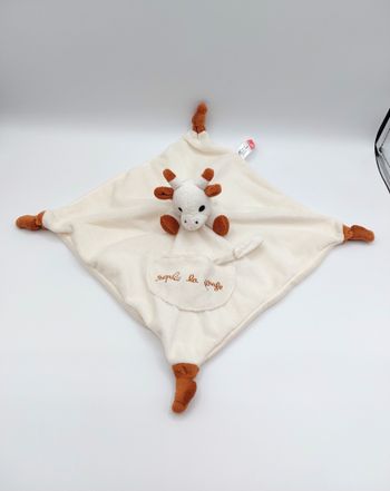 Doudou plat Sophie la girafe VULLI attache tétine écru marron envers tissu comme neuf