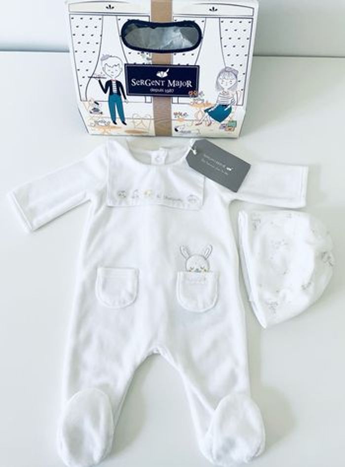 Survêtement Bébé Sergent Major – Taille 1 Mois – Blanc Unisexe – Thème Noël Et Chat – Neuf Avec étiquettes