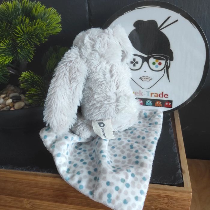 Peluche lapin mouchoir blanc pois Prémaman bleu vert gris rose Orchestra - photo numéro 2