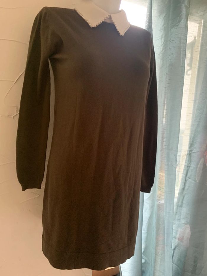 Robe pull Kilky taille M-L kaki perle au col blanc - photo numéro 2